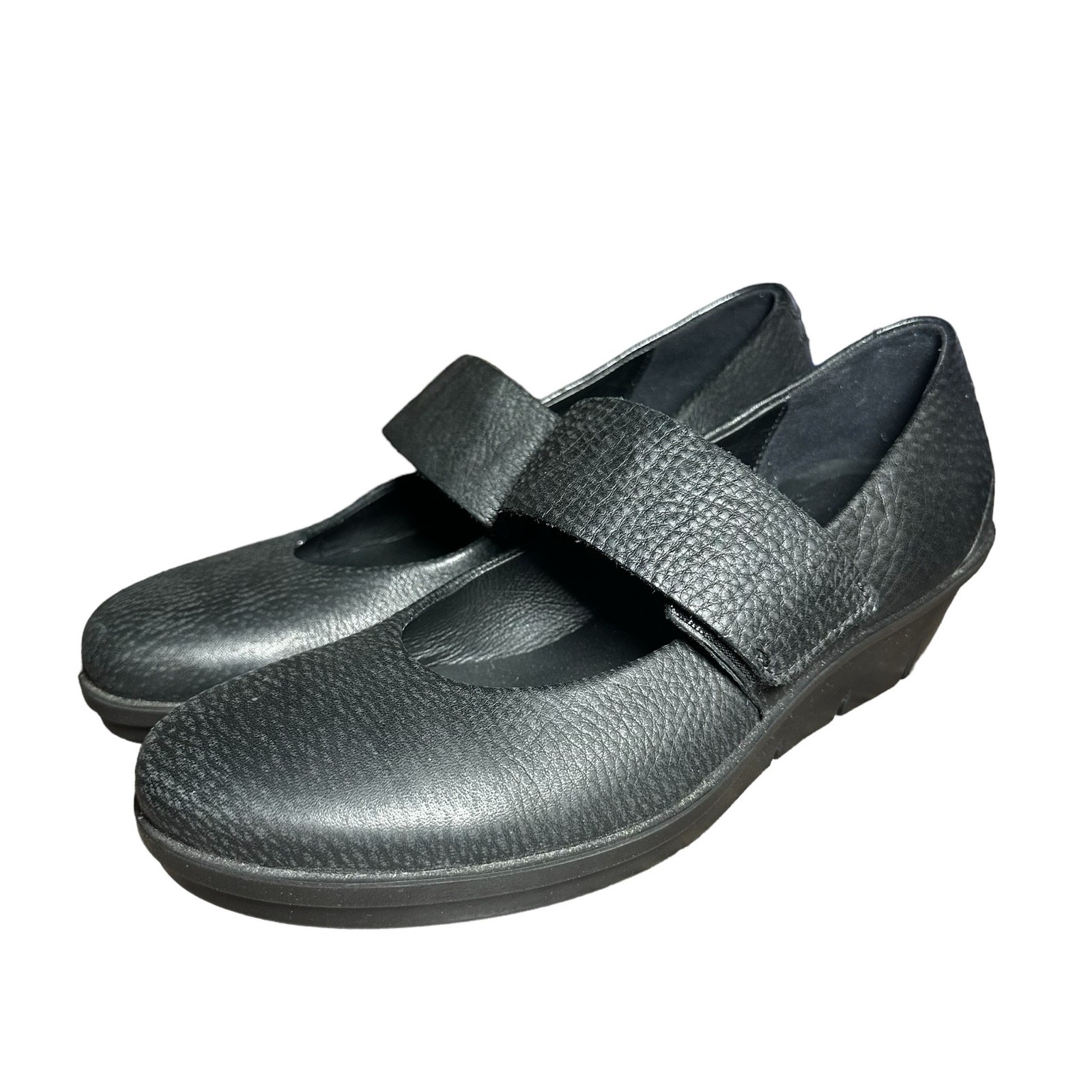 Ecco Skyler Mary Jane Black Leather Wedges Size 38 US 7 comfort hook and loop
