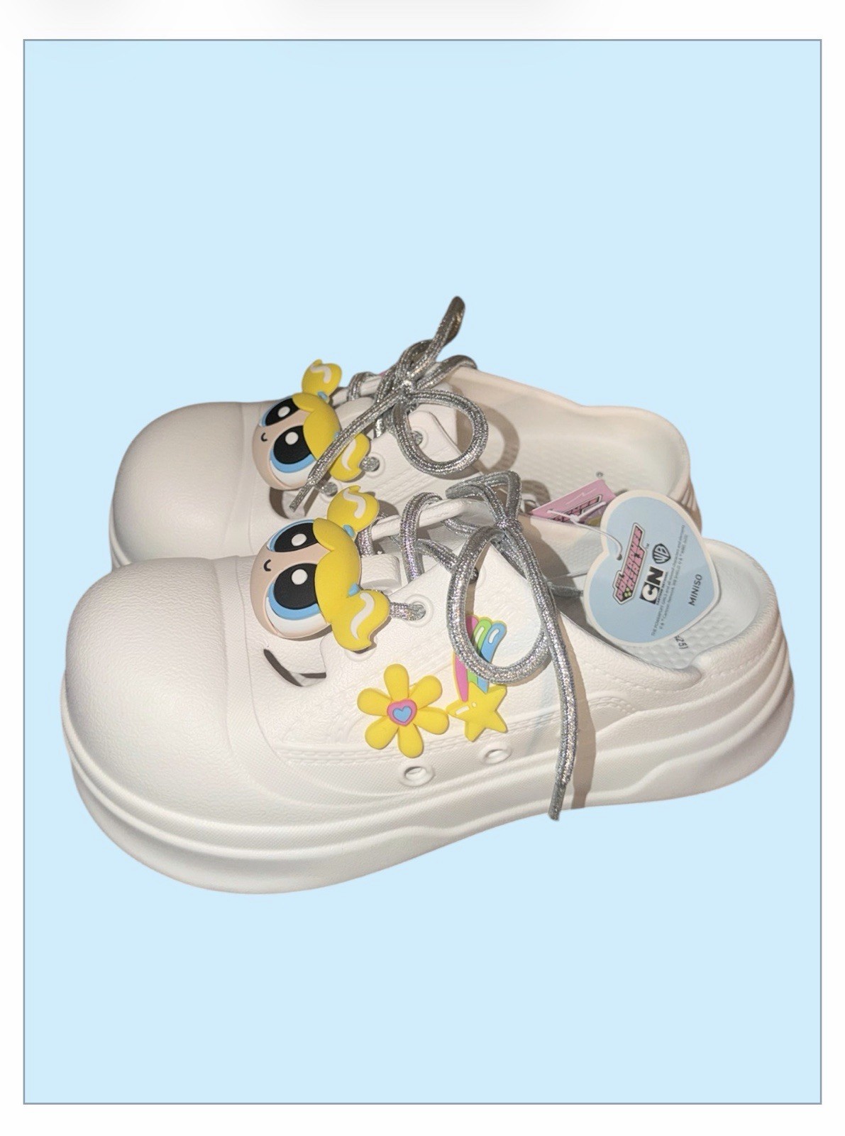 White Women’s Slip-On Clogs with Bubbles of Powerpuff Girls Size Large 39-40