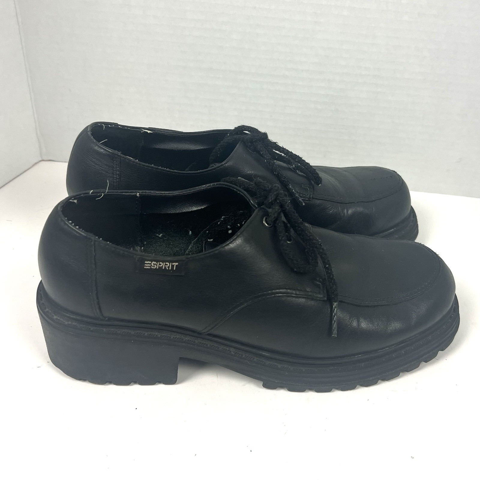 ESprit 7.5 Black Lace Up Oxford Chunky Shoes 90s Y2K Leather School Girl CLAY