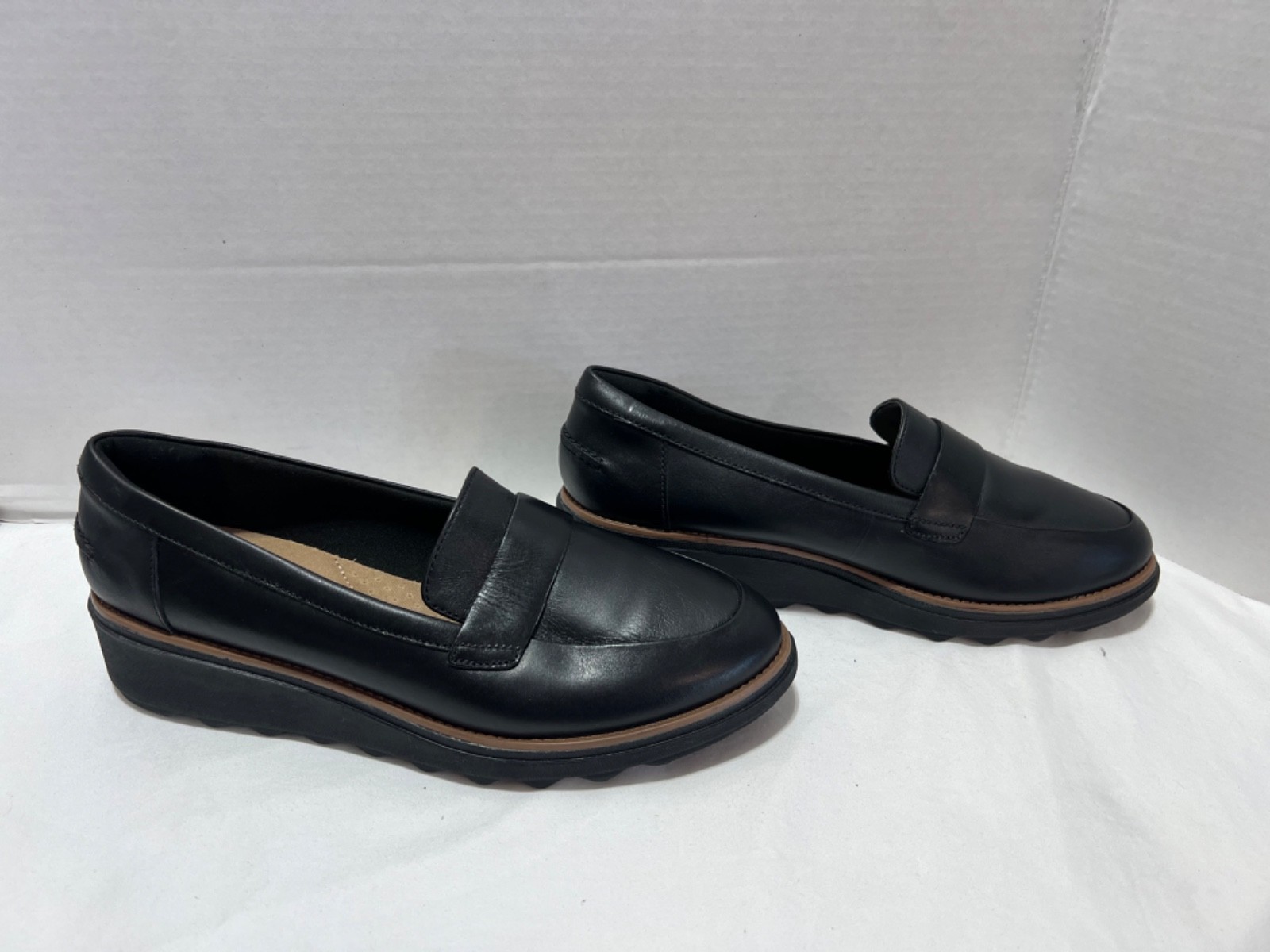 Women’s, Clarks Sharon Gracie Loafers ,9 .5 W, Black, Leather Wedge Shoes