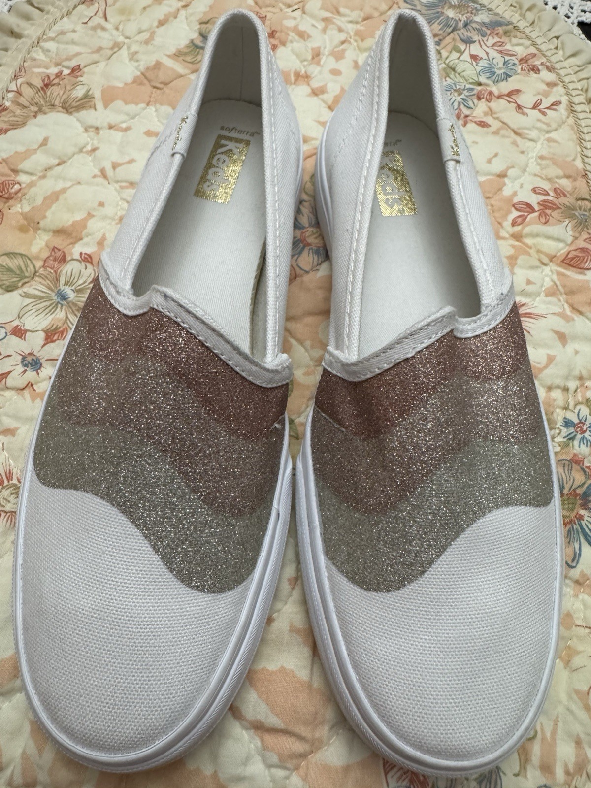 Keds Slip On Sneakers Womens Size 7 White Canvas Glitter Ombré Casual Shoes