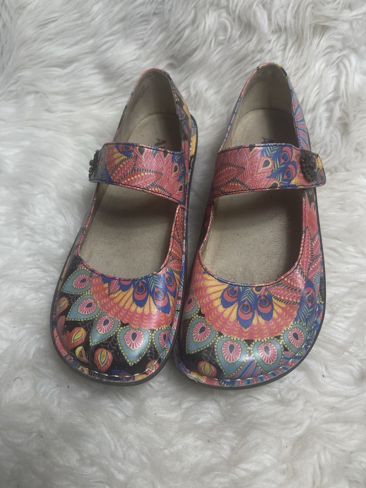 Alegria Paloma Mary Jane leather in Pink & Multicolor Peacock Print EUR SZ40