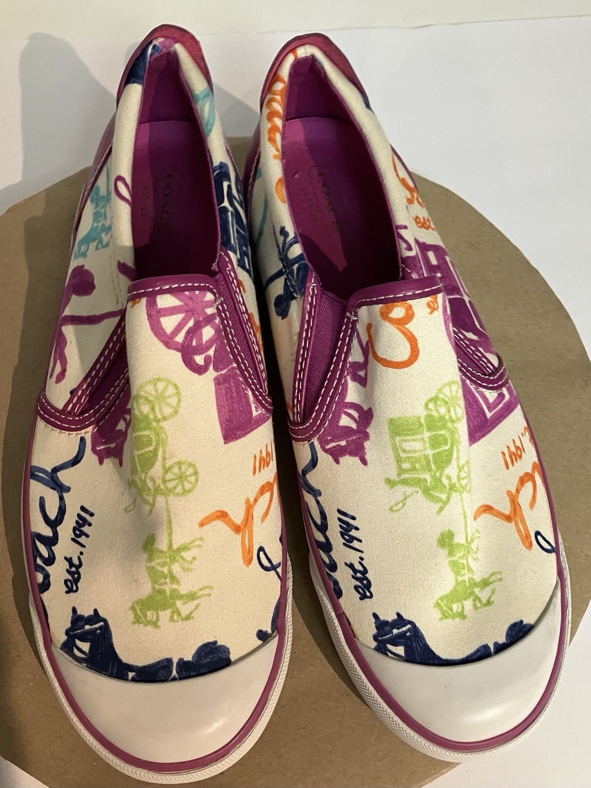 Coach Beale Slip On Sneakers White Multi-color Scribble Logo Signature Women 8.5