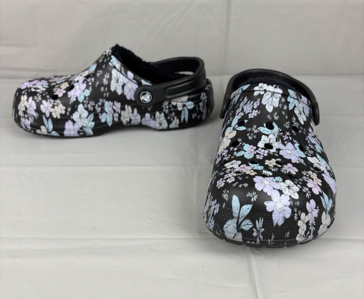 Crocs Classic Lined Clog M5 W7 Black Floral Print Faux Fur Slip On 205975