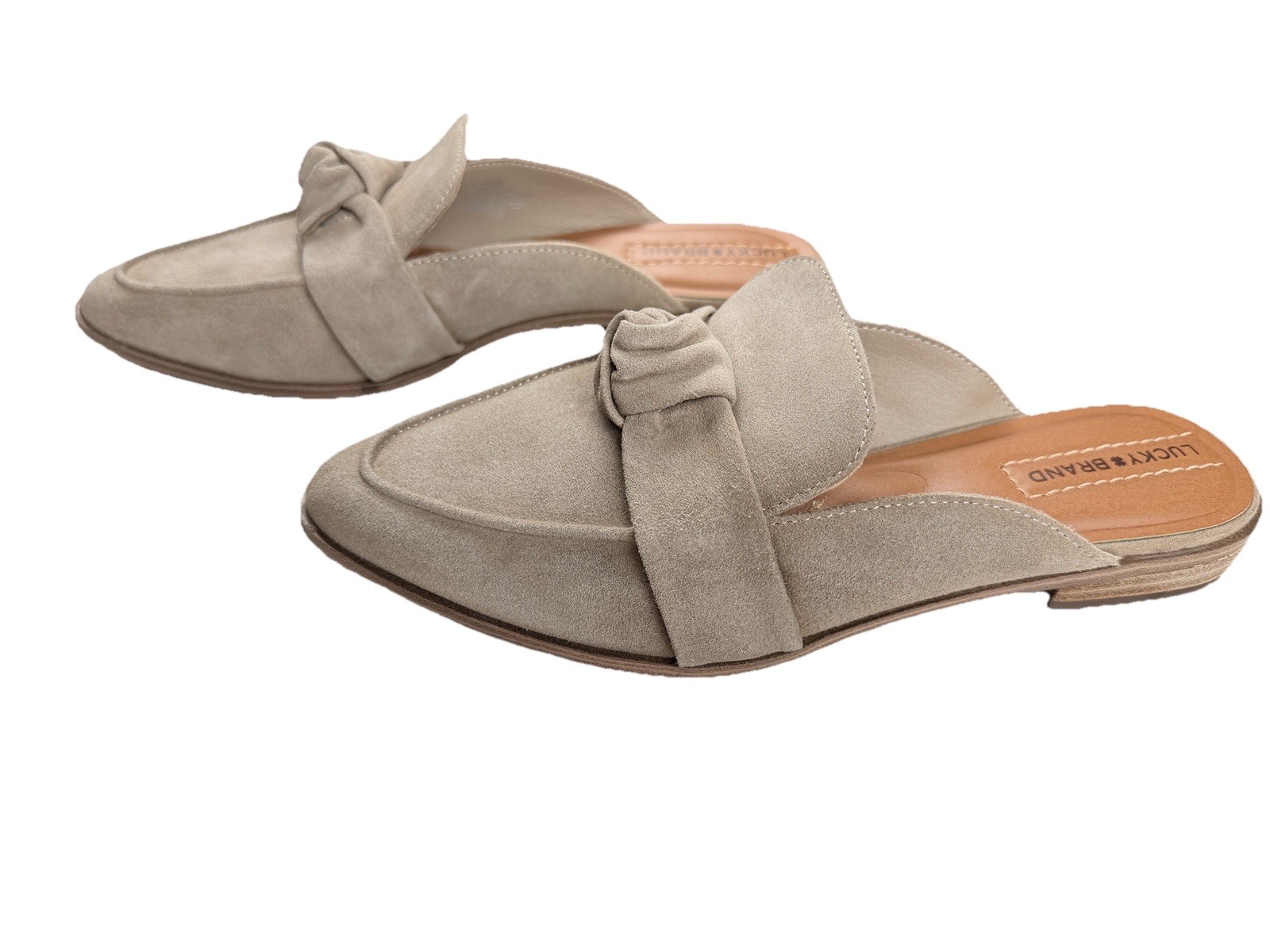 Lucky Brand Adenia Mule Flats Womens 8M Beige Suede Pointed Toe Knot Slip On