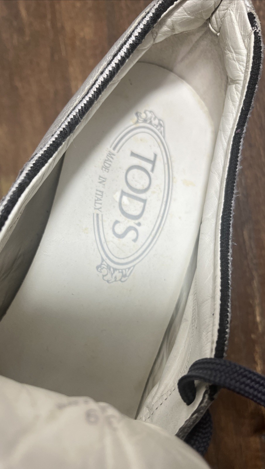 Tods Women’s Blue Gray Leather Fabric Almond Toe Wedge Sneakers Sz 8 US / 39 EU