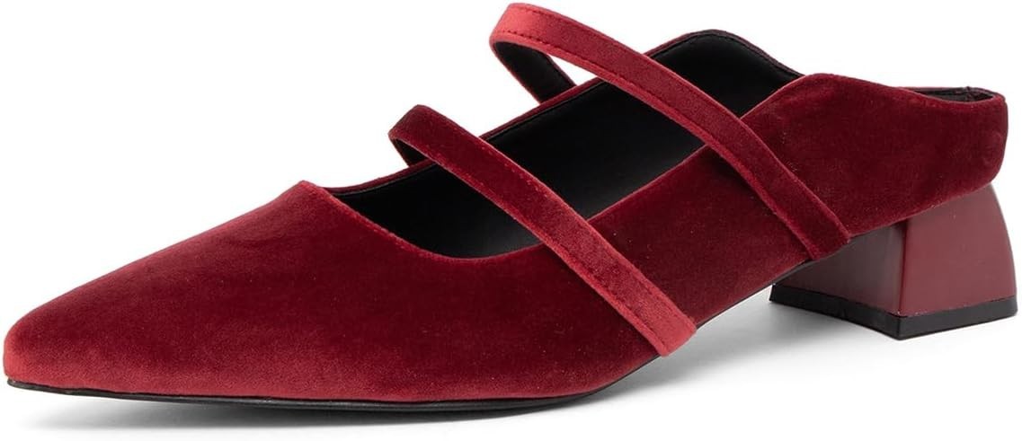 NEWBELLA Pointed Toe MULES Sz 10/Backless/Straps/Low Block Heel/Red Velvet/NEW!