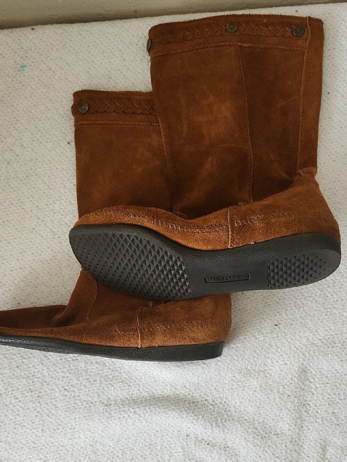 Vintage Minnetonka Suede Mid-Calf Moccasin Boots – Braided Studded Collar Sz 10