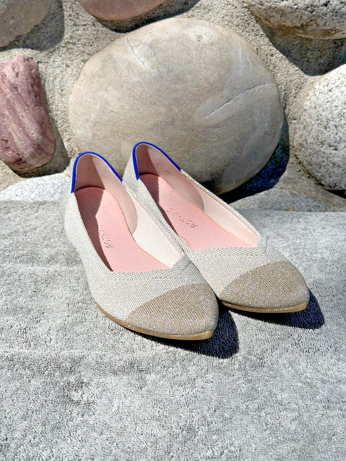 Rothy’s The Point Sz 10 Diamond Metallic Beige Silver Gold Pointed Ballet Flats