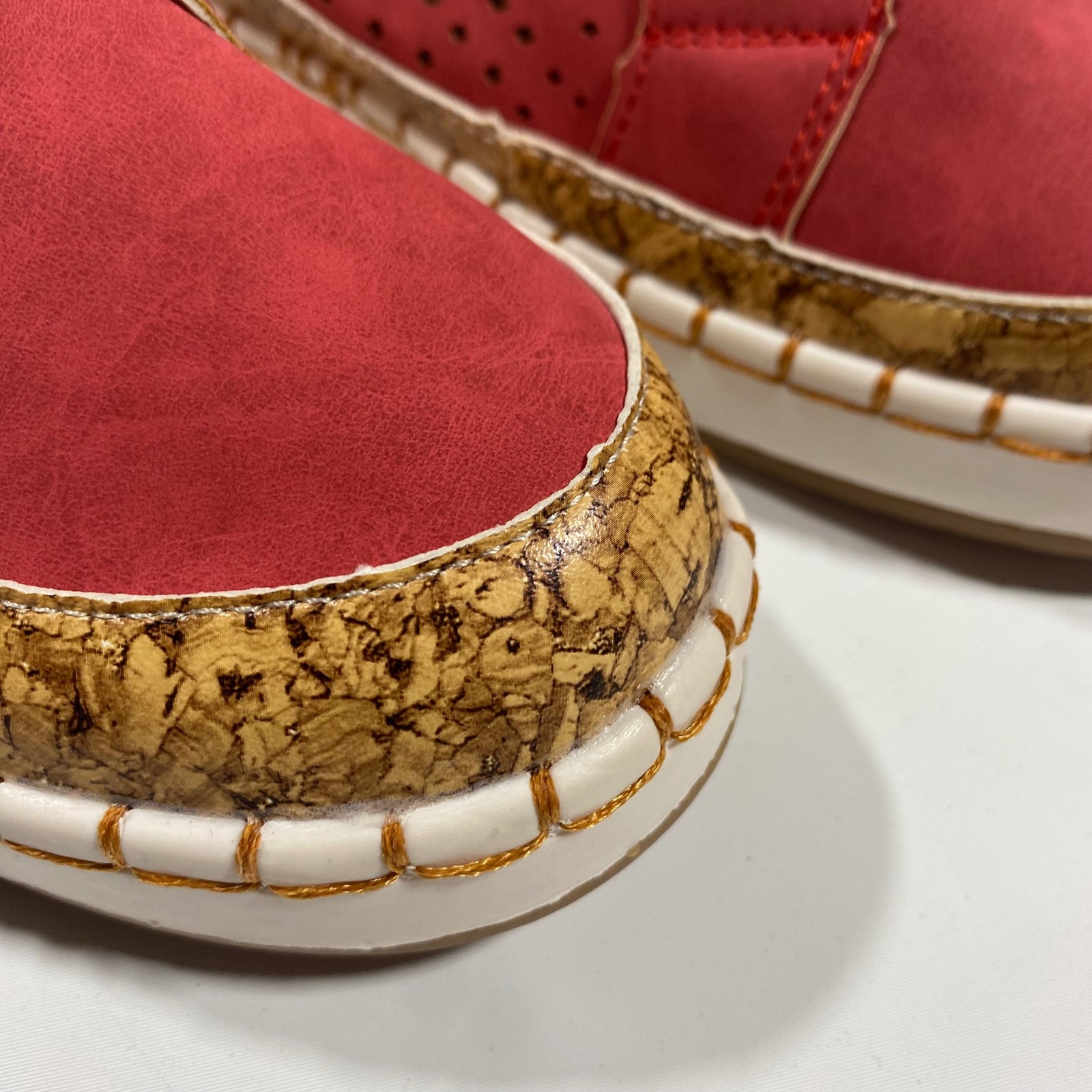 Slip On Sneakers Womens 10 Red Perforated Cork Trim Low Top Casual Shoes Comfort