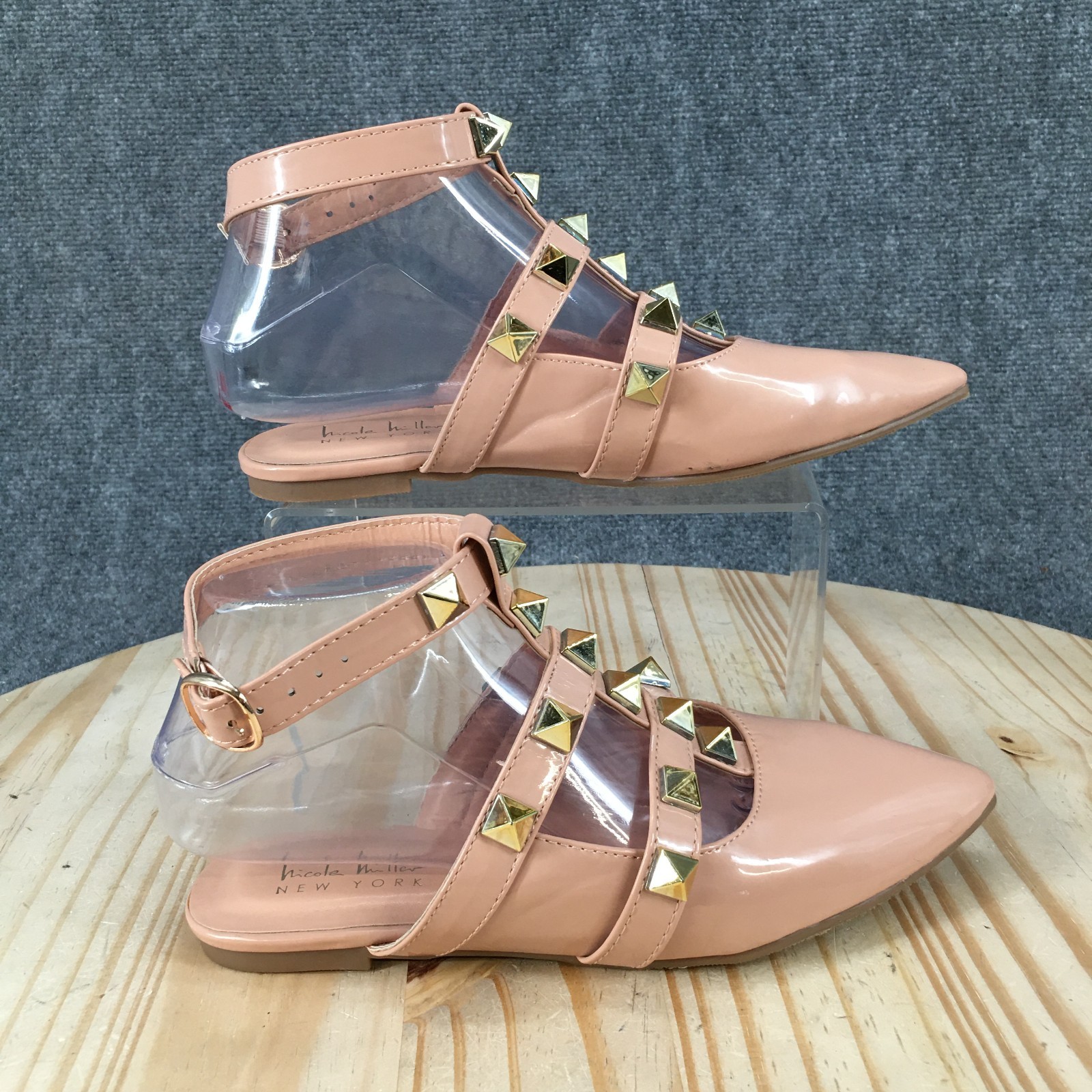 Nicole Miller Shoes Womens 6.5 Ankle Strap Studded Pointed Toe Casual Flats Pink