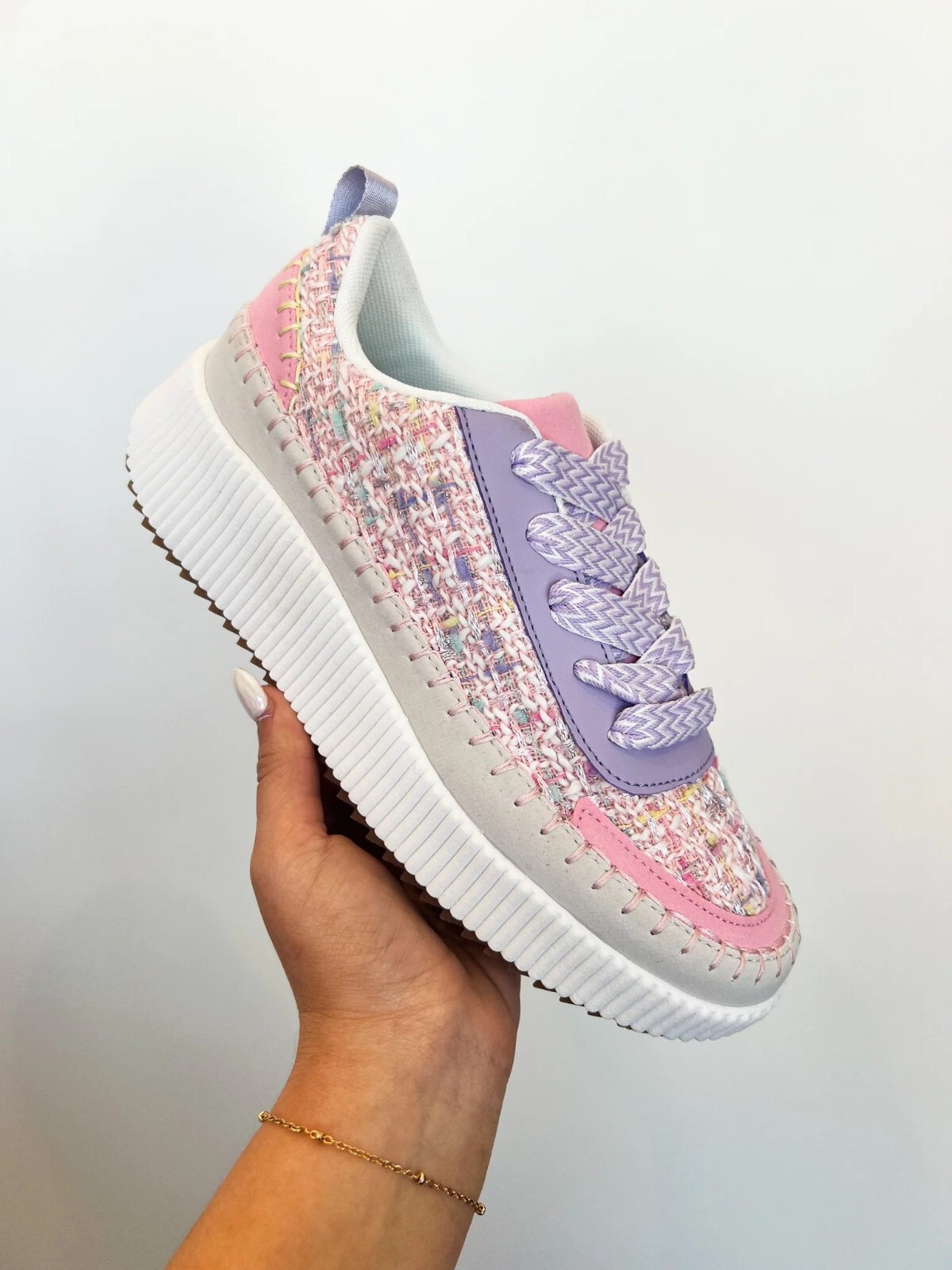 New Women’s Multi-Color Lace-Up Knit Woven Tweed Casual Platform Fashion Sneaker