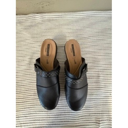Clarks Collection Womens Black Leather Studded Shoes Mules Clogs Cushion Soft 8