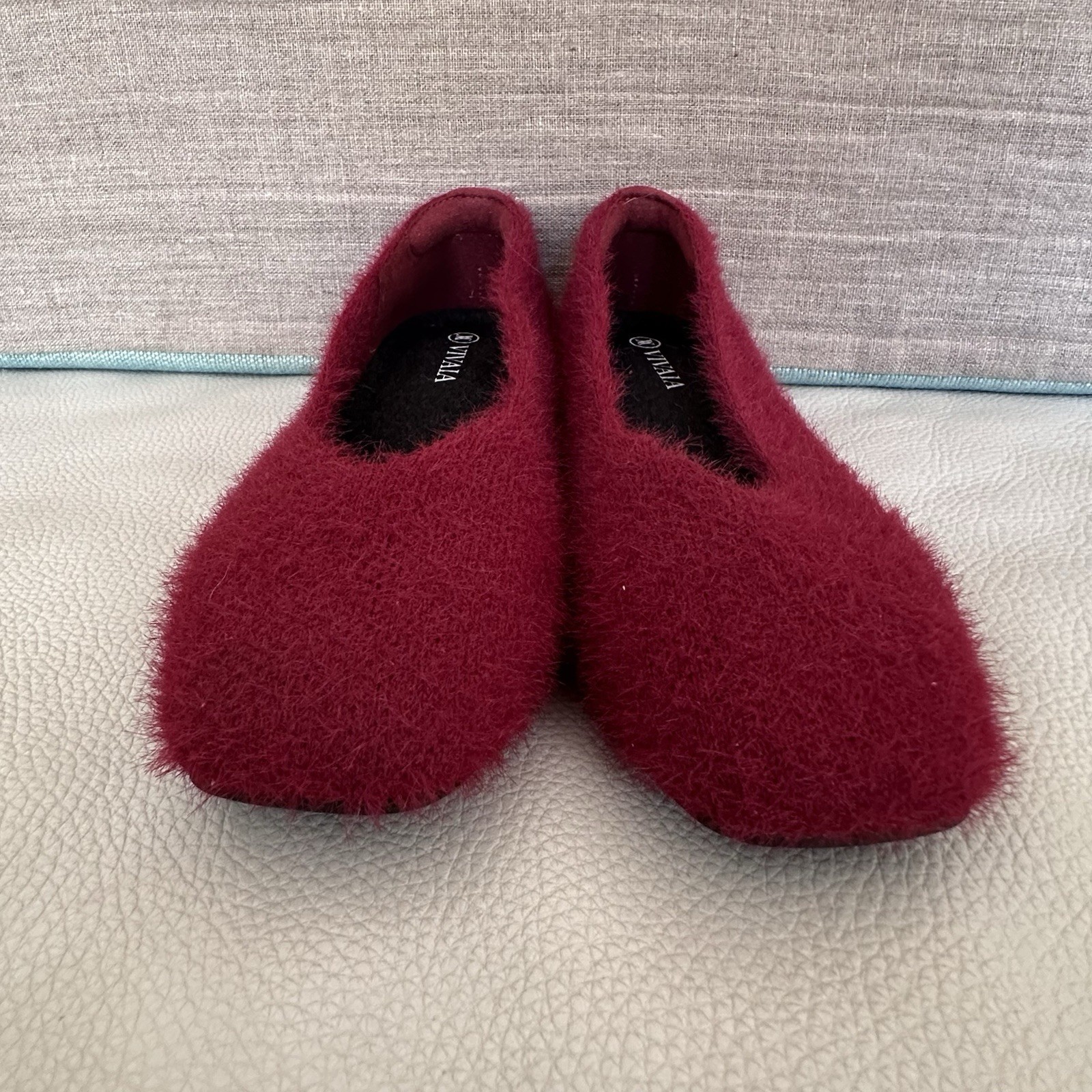 Vivaia Square Toe Recycled Mink K Faux Fur Flats Margot 2.0 Maroon 35.5 US 5.5