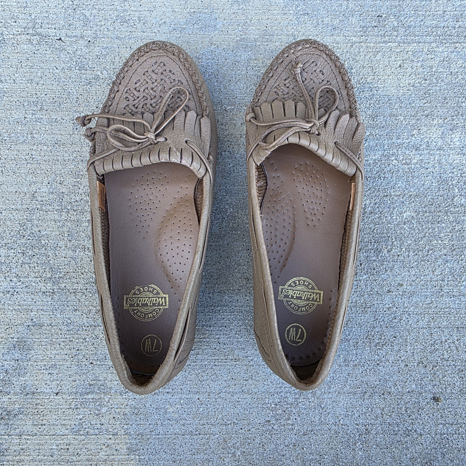 Walkables Walkright Women’s Leather Moccasins Brown Woven Fringe Slip-On Comfort