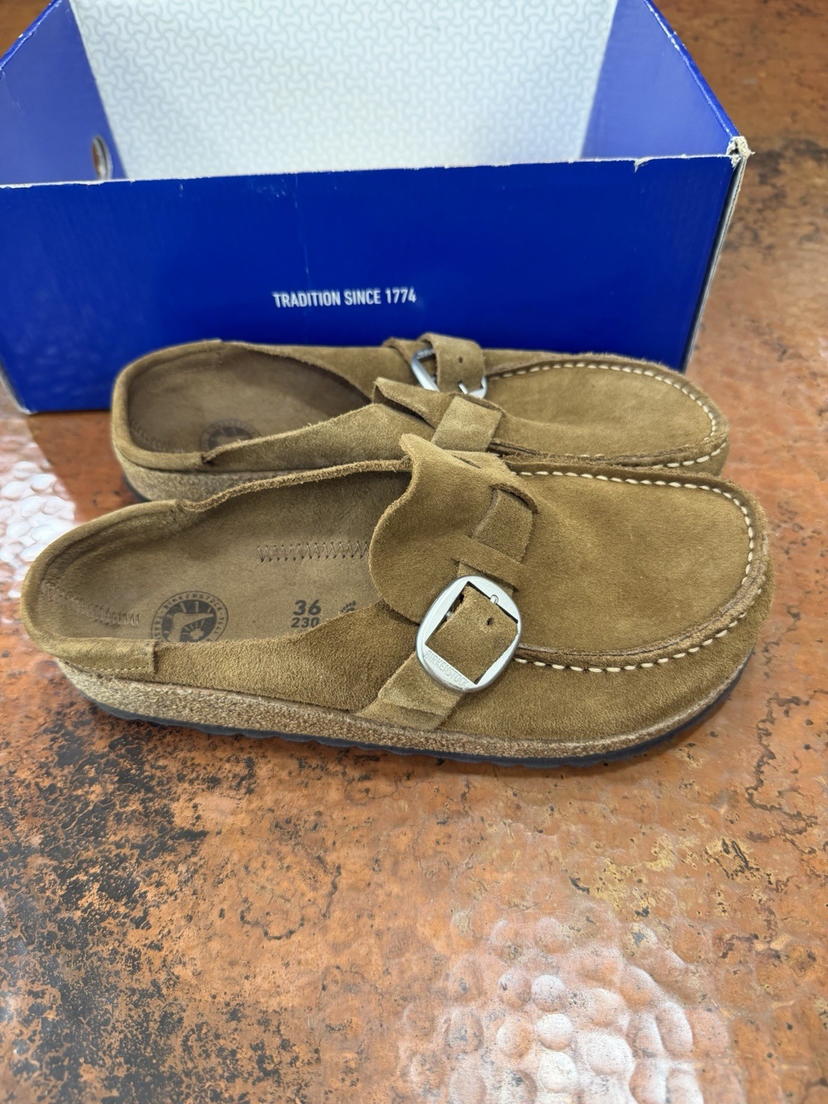 BIRKENSTOCK BUCKLEY SUEDE LEATHER Women Clogs Tea Size 36 US 5 Brown Narrow Fit