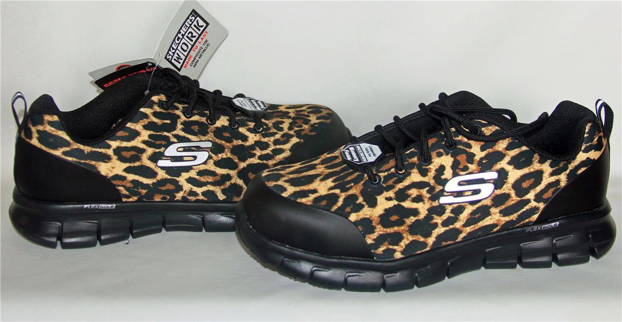 Skechers Leopard Cheetah Composite Safety Toe Memory Foam Work Shoe Wm’s 7.5 NWT