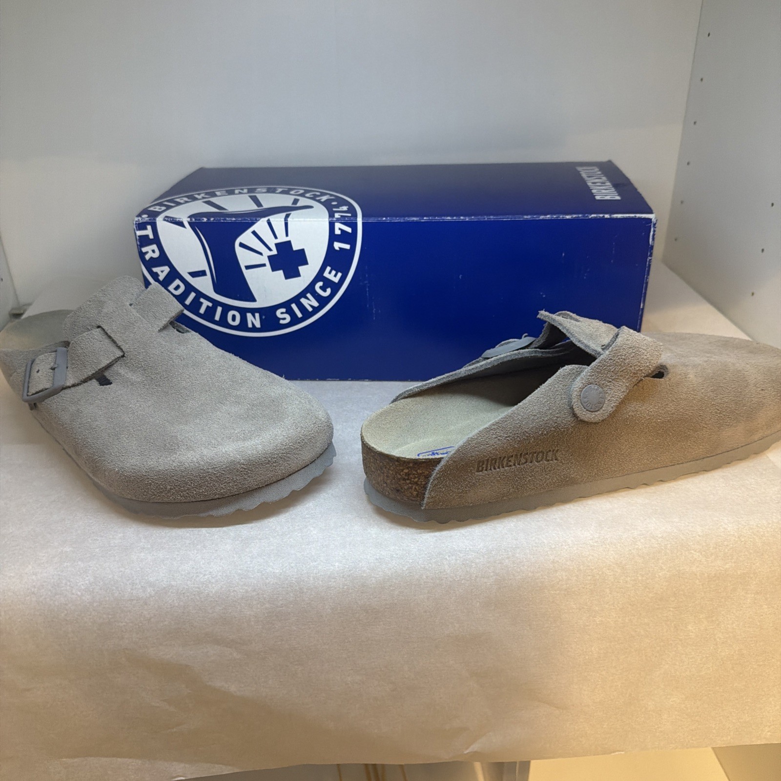 NEW Birkenstock Boston Soft Footbed Taupe Suede Clogs Size 37 Narrow Fit