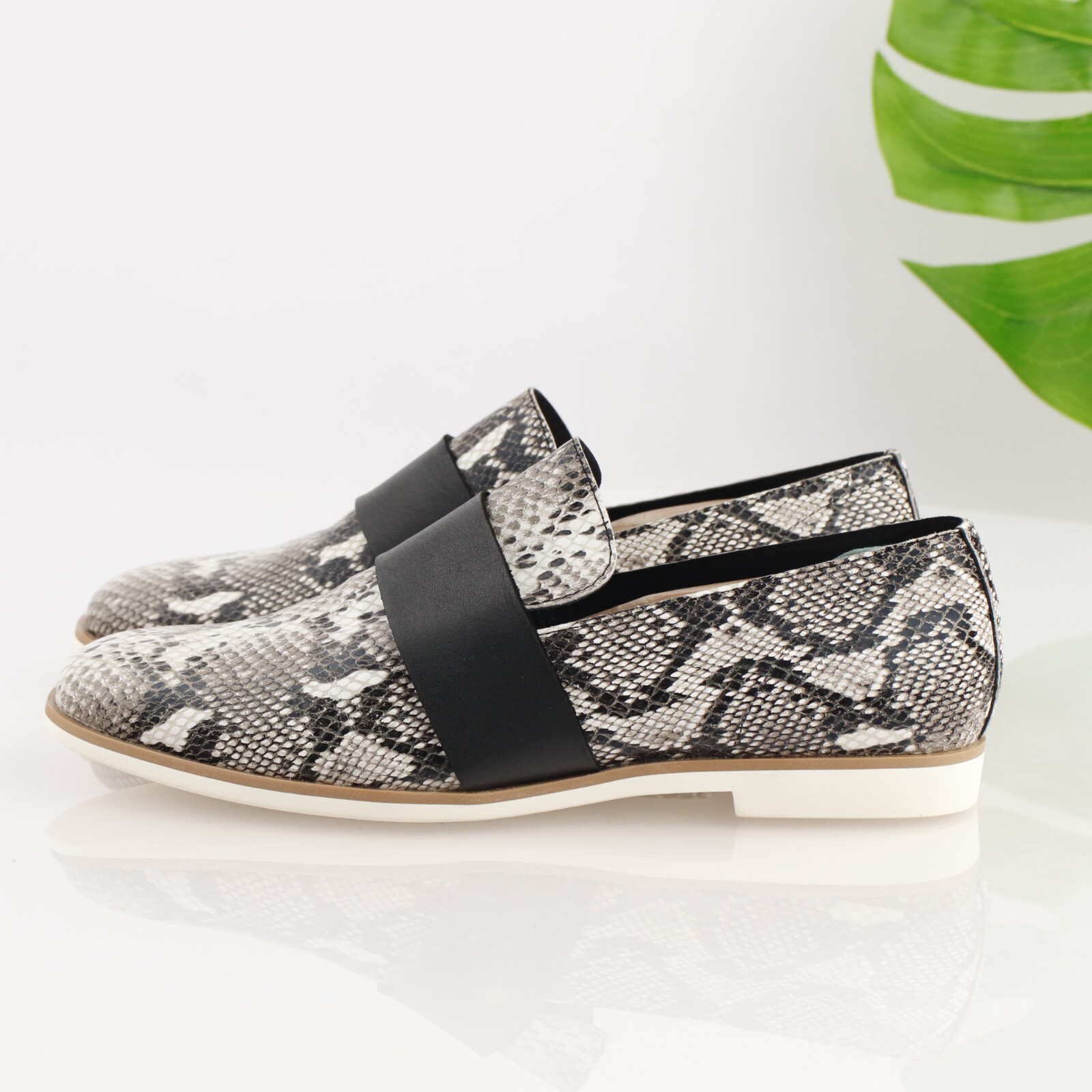 ALL-BLACK Womens Loafer Size 39.5 9 Black Gray Leather Python Slip On Shoe Flat