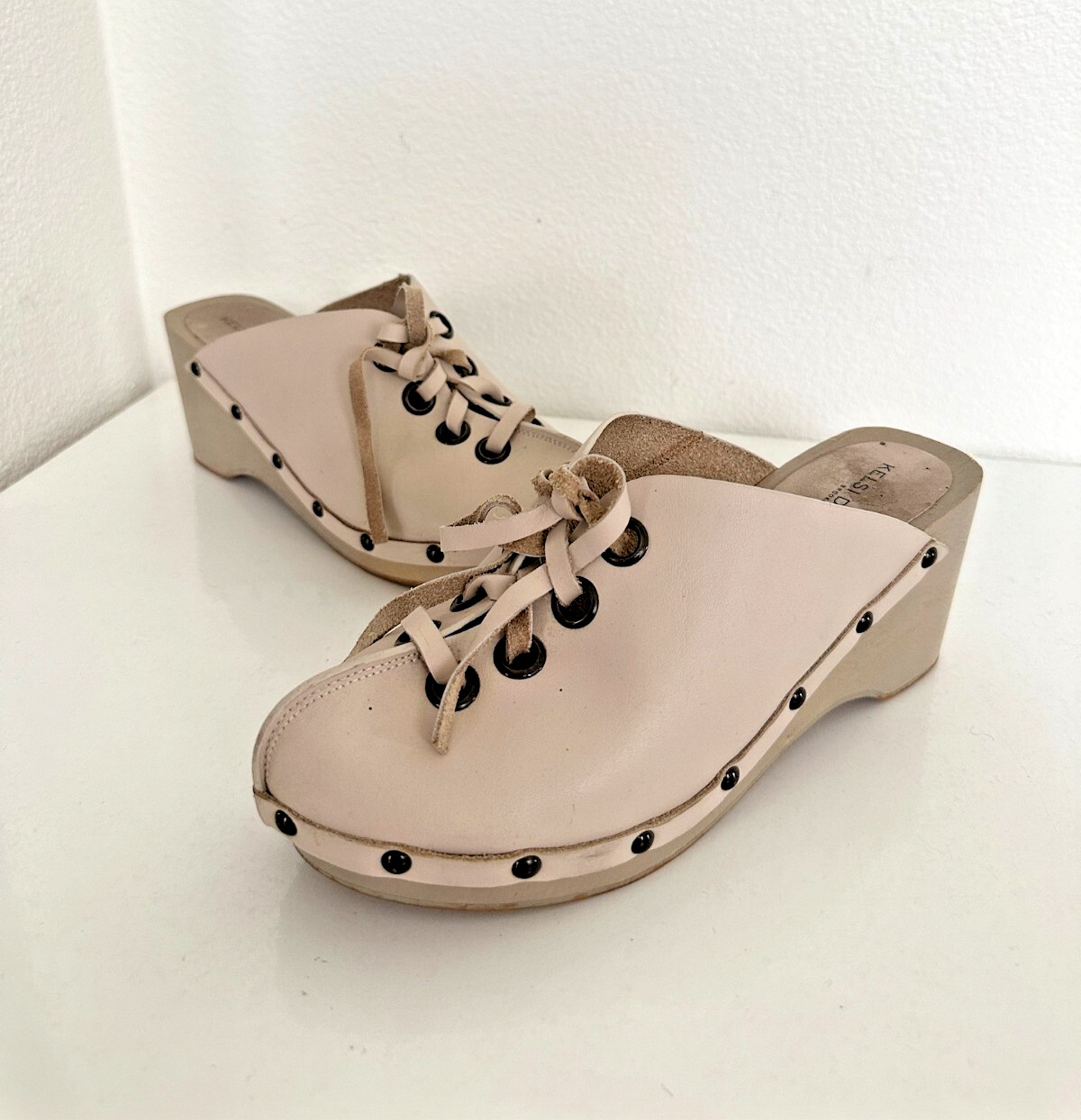 Kelsi Dagger Lace Up Clogs Wedge Leather Taupe Beige Bohemian School Women’s 6.5