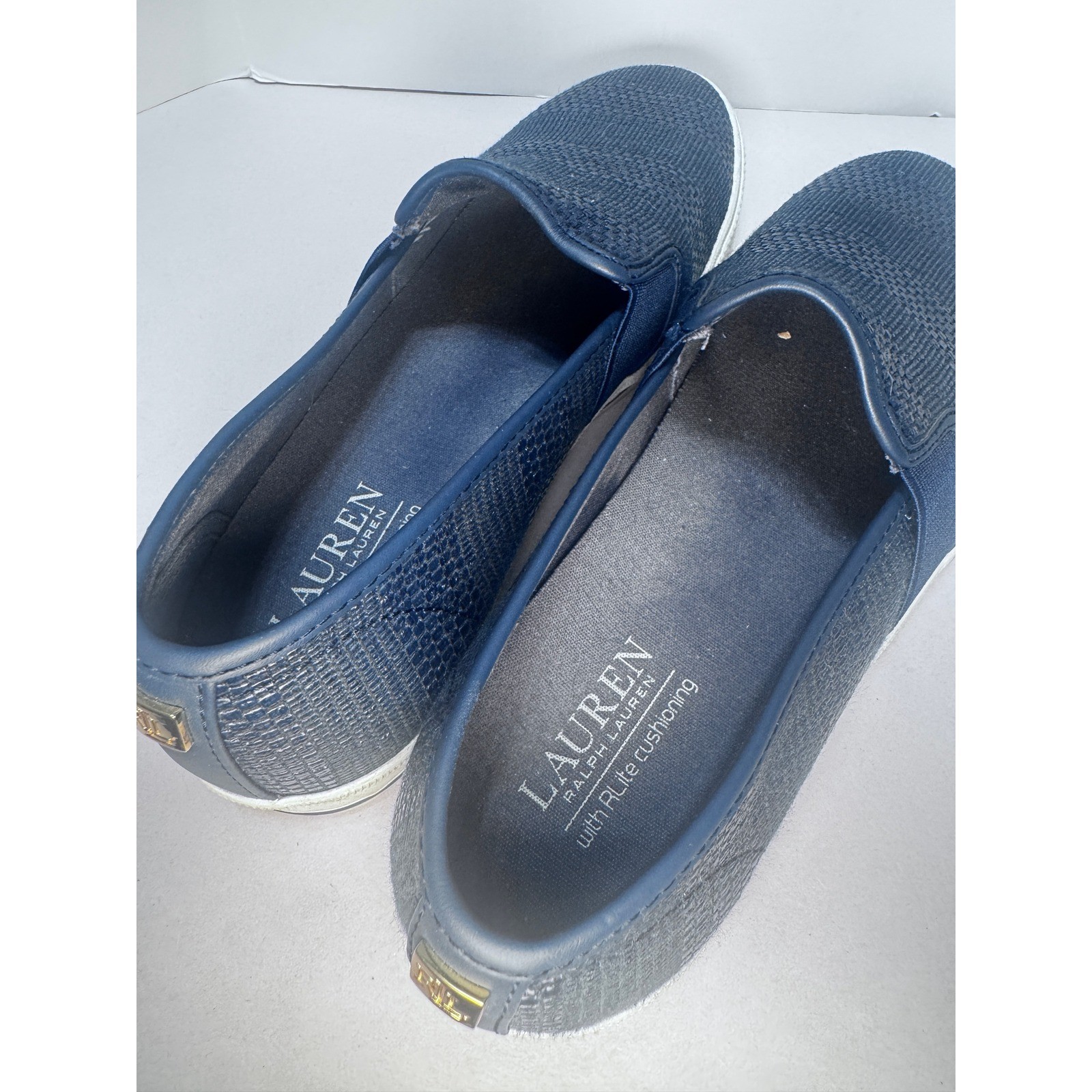 Lauren Ralph Lauren Jinny Navy Blue Woven Slip On Sneakers Shoes Womens 9 Preppy