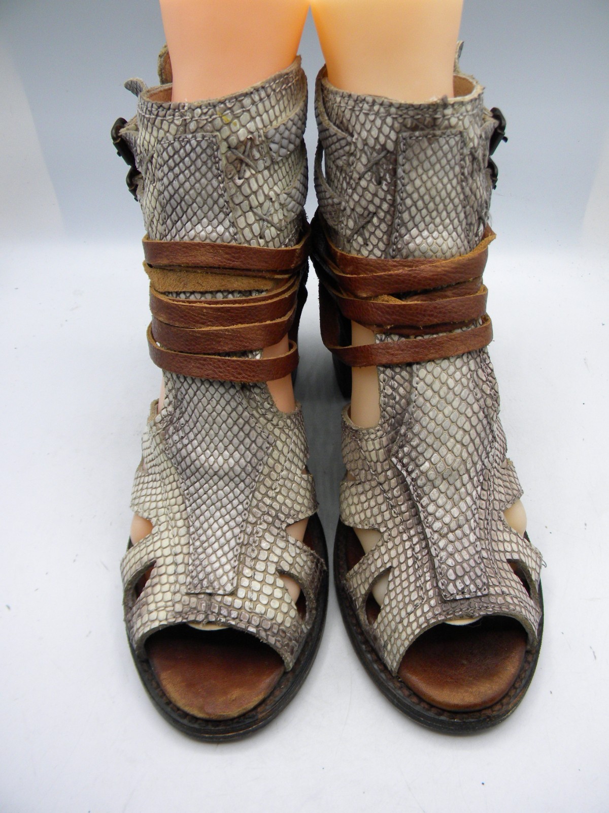 FREEBIRD by Steven Nest Snake Print & Brown Leather Block Heel Sandal Sz 9