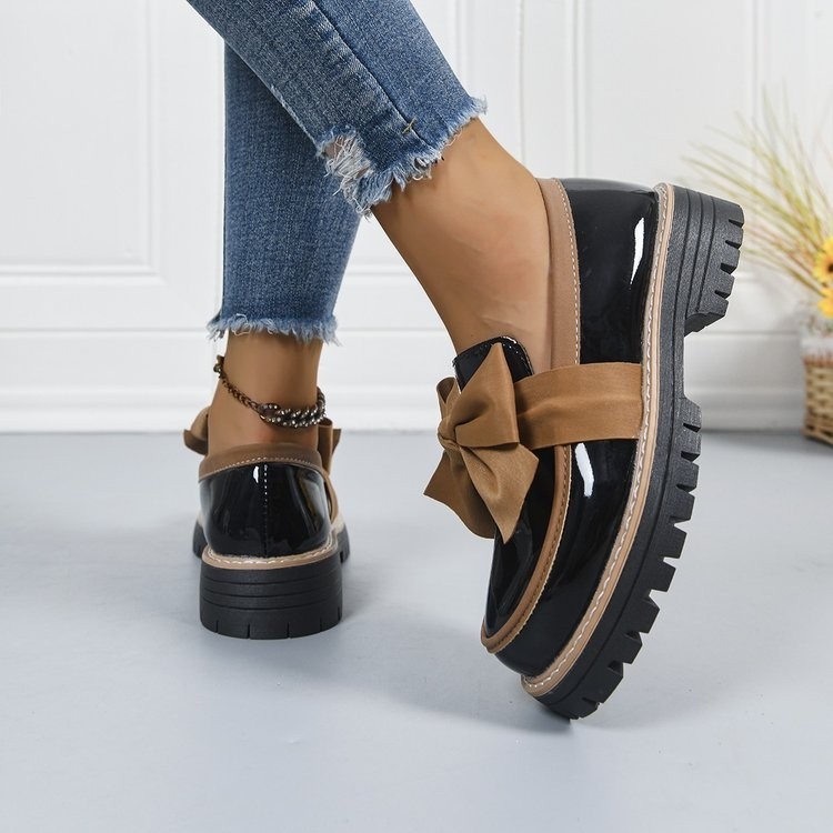 Classic Bow Platform Footwear Women Round Toe Patent Leather Chunky Heel Loafers
