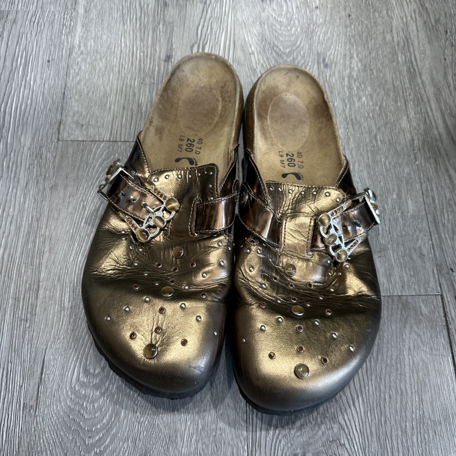 Birkenstock Betula Boston Clogs Rocko Gold Leather Buckle Rhinestones Sz 9