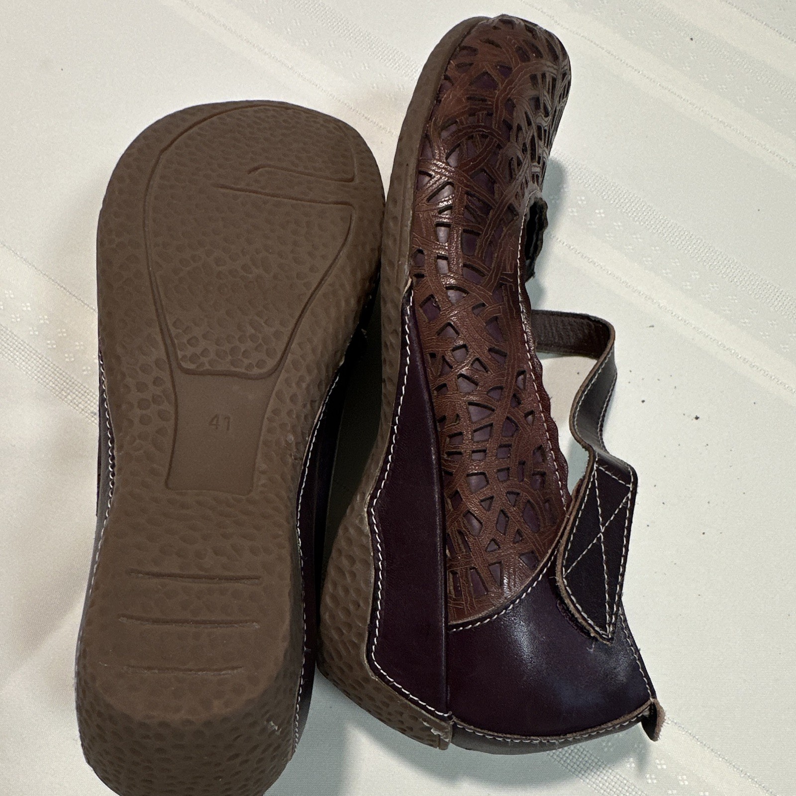 L’Artiste by Spring Step Brown Leather Mary Jane Flats Hook & Loop Wedge EU 41