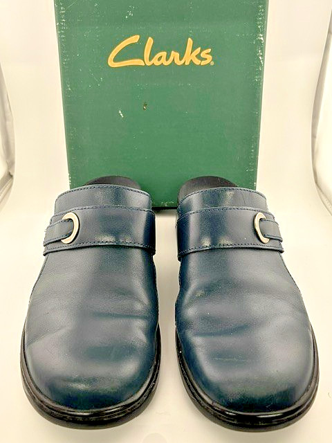 Clarks Crimson FX #71035 Leather Wedge Mule Clogs Navy Blue Women’s 8.5M OG Box