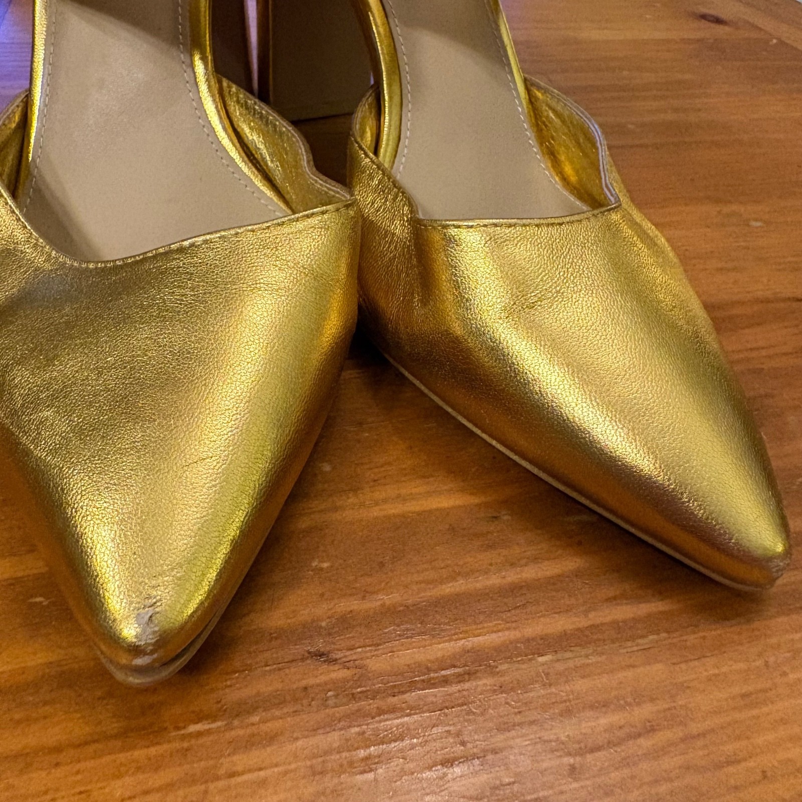 Wittner Heston Gold Leather Pointed Toe Block Heel Mules Size 39 Glam Formal
