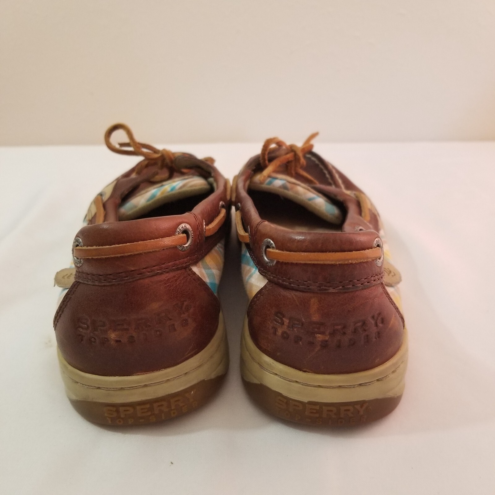 SPERRY Women Top Sider Boat Shoes One Eyelet Plaid Cloth Brown Leather Sz7M