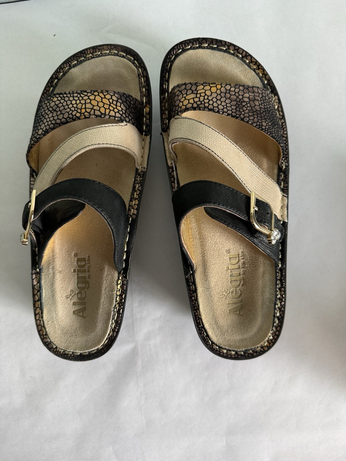 ALEGRIA Colette Unity Black Gold Womens 38/8-8.5 Comfort Art to Wear Snake Print