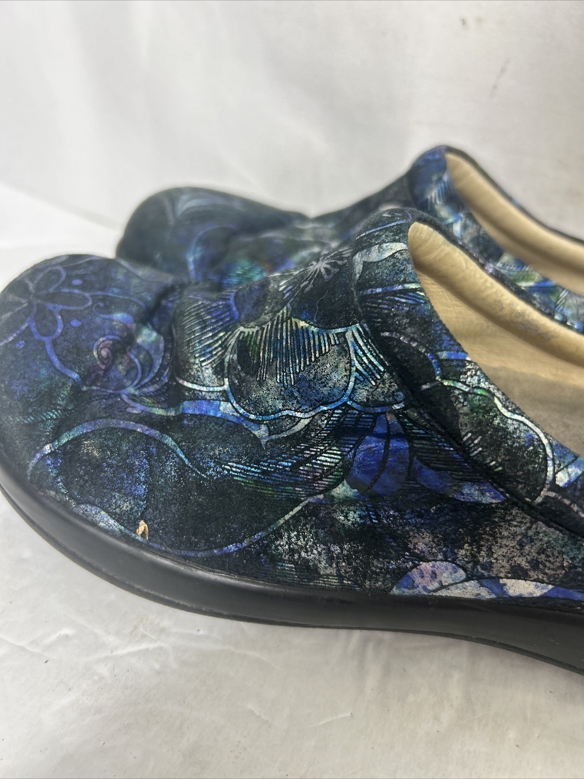 Alegria Mules Clogs Shoes Kay-264 Womens 38 Blue Green Leather Flowers Slip Ons