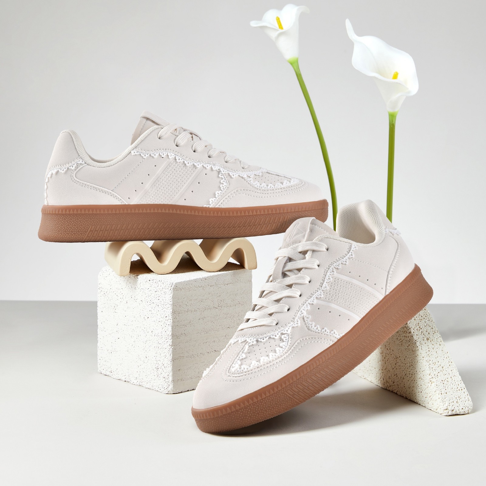 Women Ribbon Lace-Up Fashion Sneakers Arch Support Gum Sole Tennis Walking Shoes