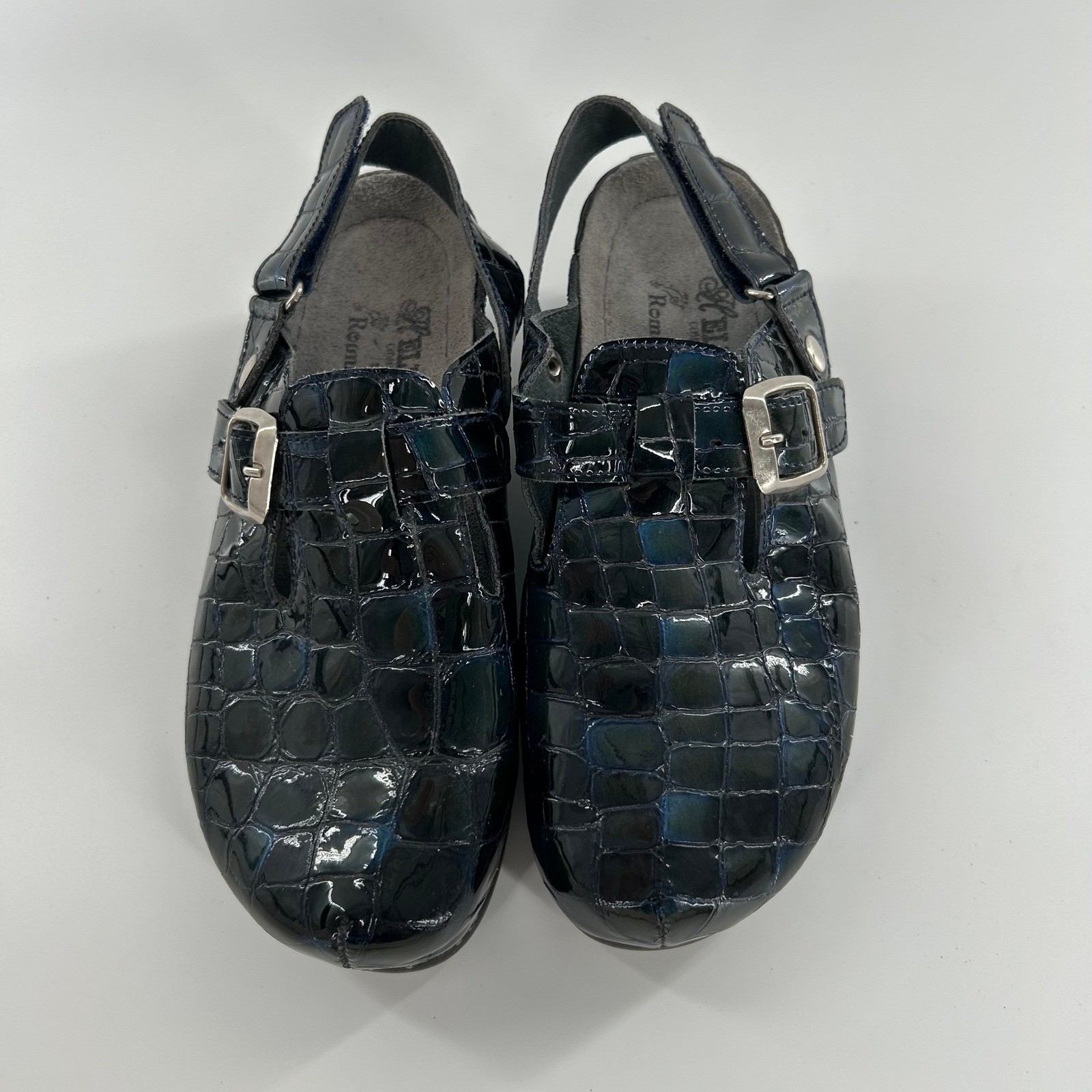90’s Helle by Romu’s Patent Crocodile Print Slingback Clogs Mules Shoes Size 36