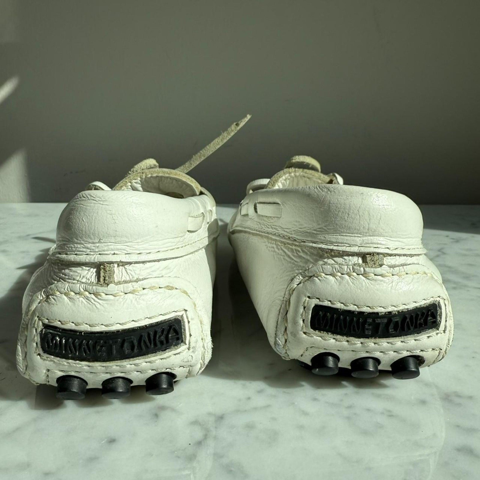 Minnetonka Classic Leather Driver Moccasins White Made in USA