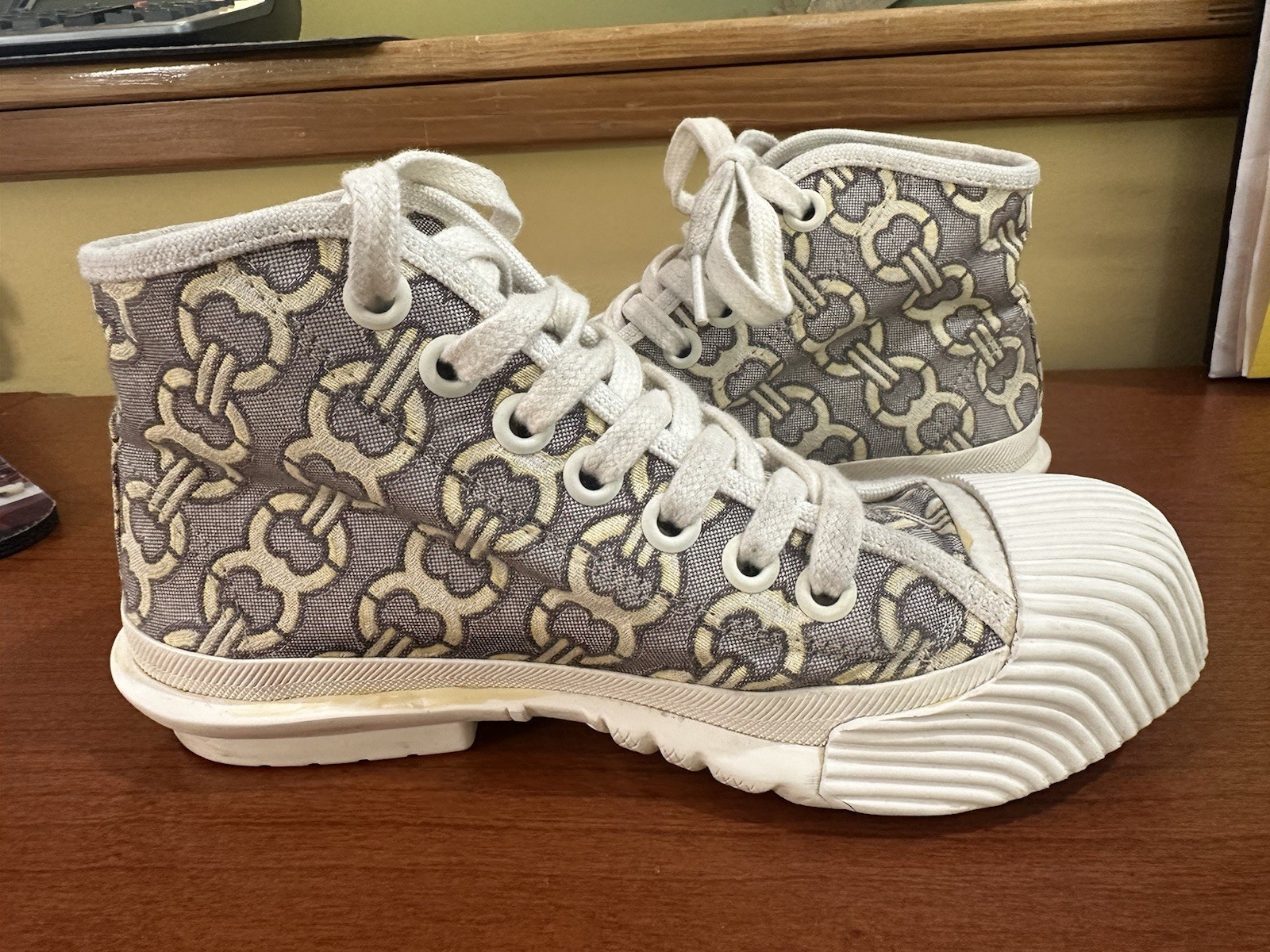TORY BURCH “Buddy” Jacquard Sneakers White Beige Cap Toed High Top Shoes 7 M