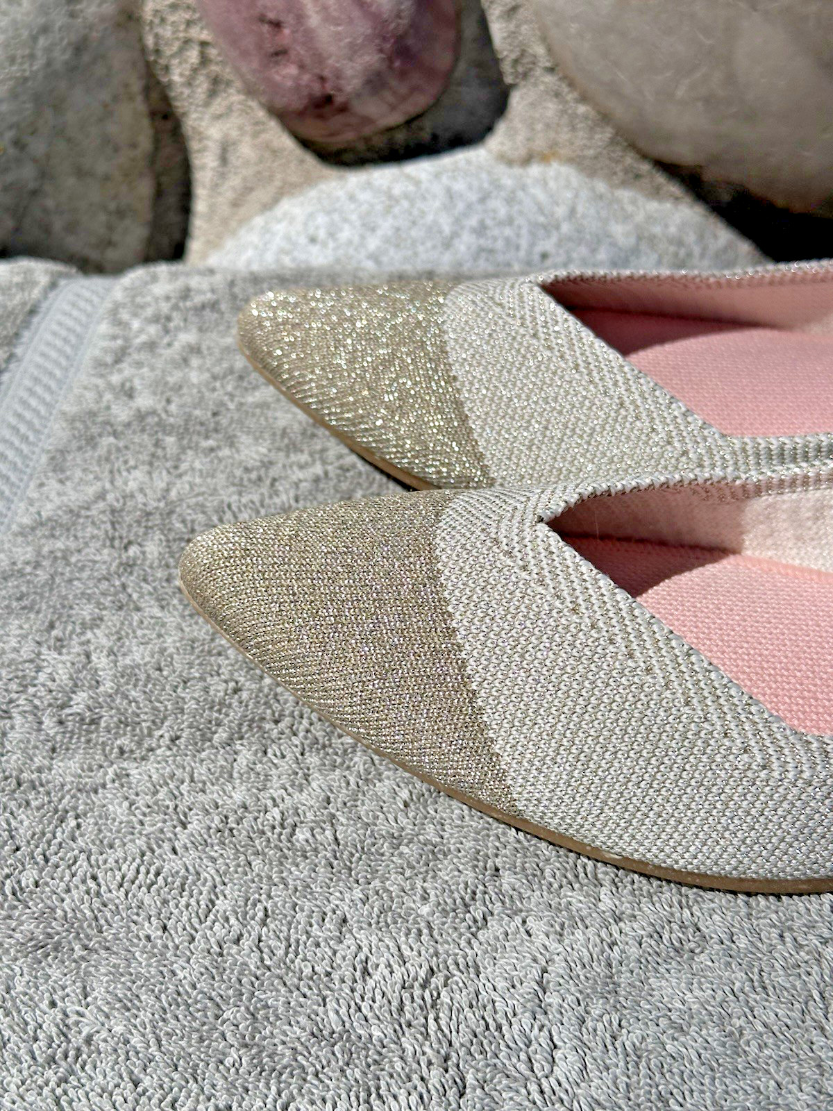 Rothy’s The Point Sz 10 Diamond Metallic Beige Silver Gold Pointed Ballet Flats