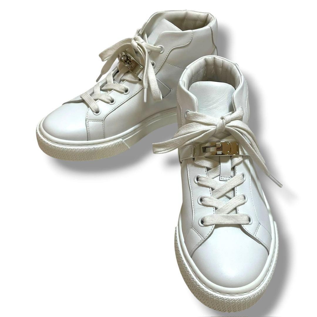 HERMES Daydream High Top Sneakers White Leather Kelly Buckle Women’s EU36 US6