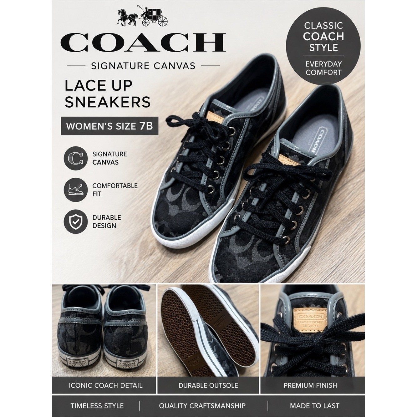 Coach Signature Canvas Lace Up Sneakers Black Gray Womens Size 7B Dee EUC