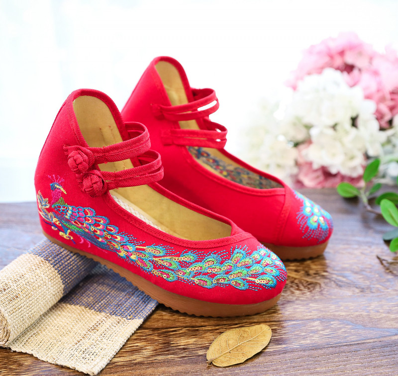 Fashion Women’s Peacock Blue Embroidered Cloth Shoes Hidden Heel Shoes Retro Sz