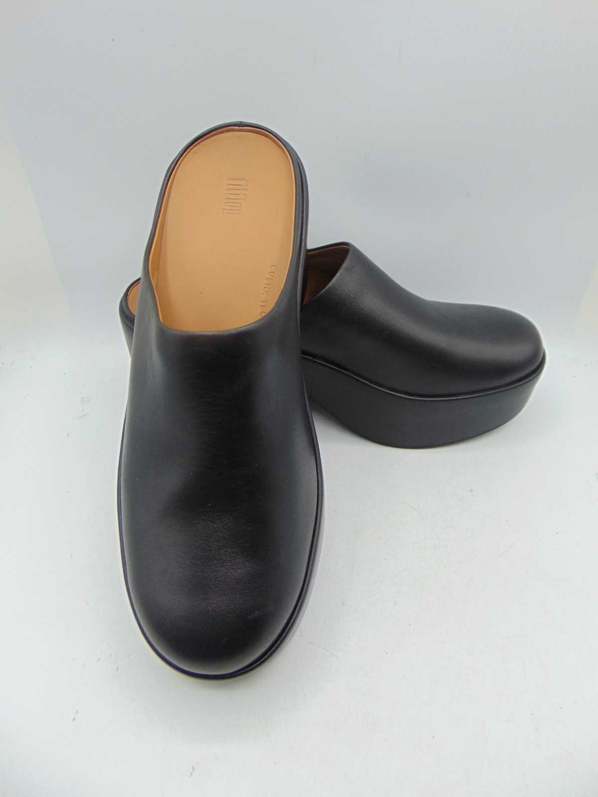 FITFLOP Pilar Black Leather Platform Block Heel Slip On clogs Mule Sz 8 NEW