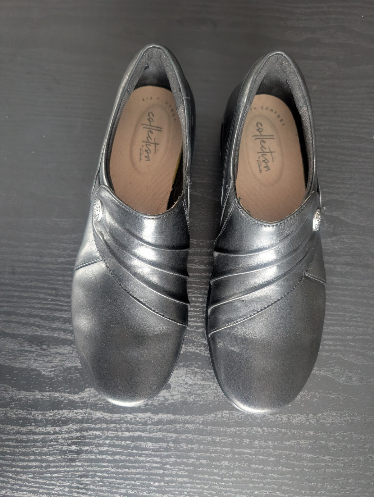 Clarks Women Hope Roxanne Black Leather Slip On Casual Ortholite Loafer Sz 7.5 W