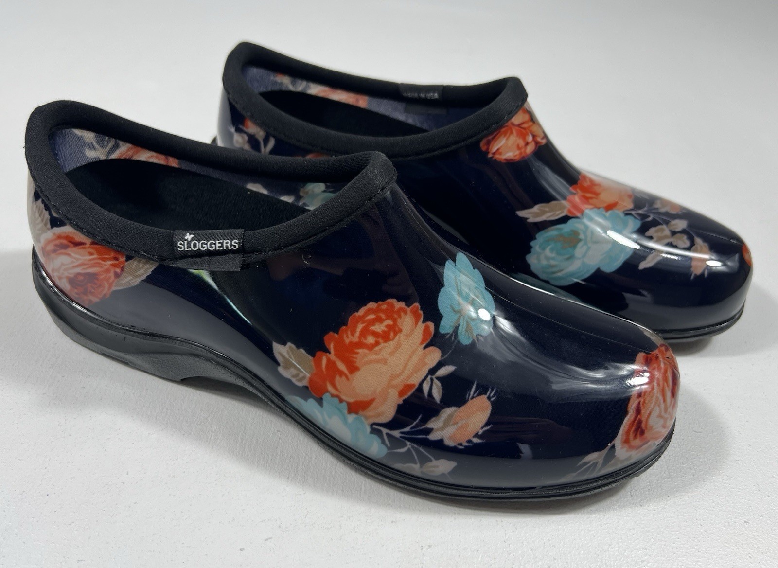 SLOGGERS Womens 10 Navy Floral Waterproof Comfort Garden Rain Clogs Shoes NWOB