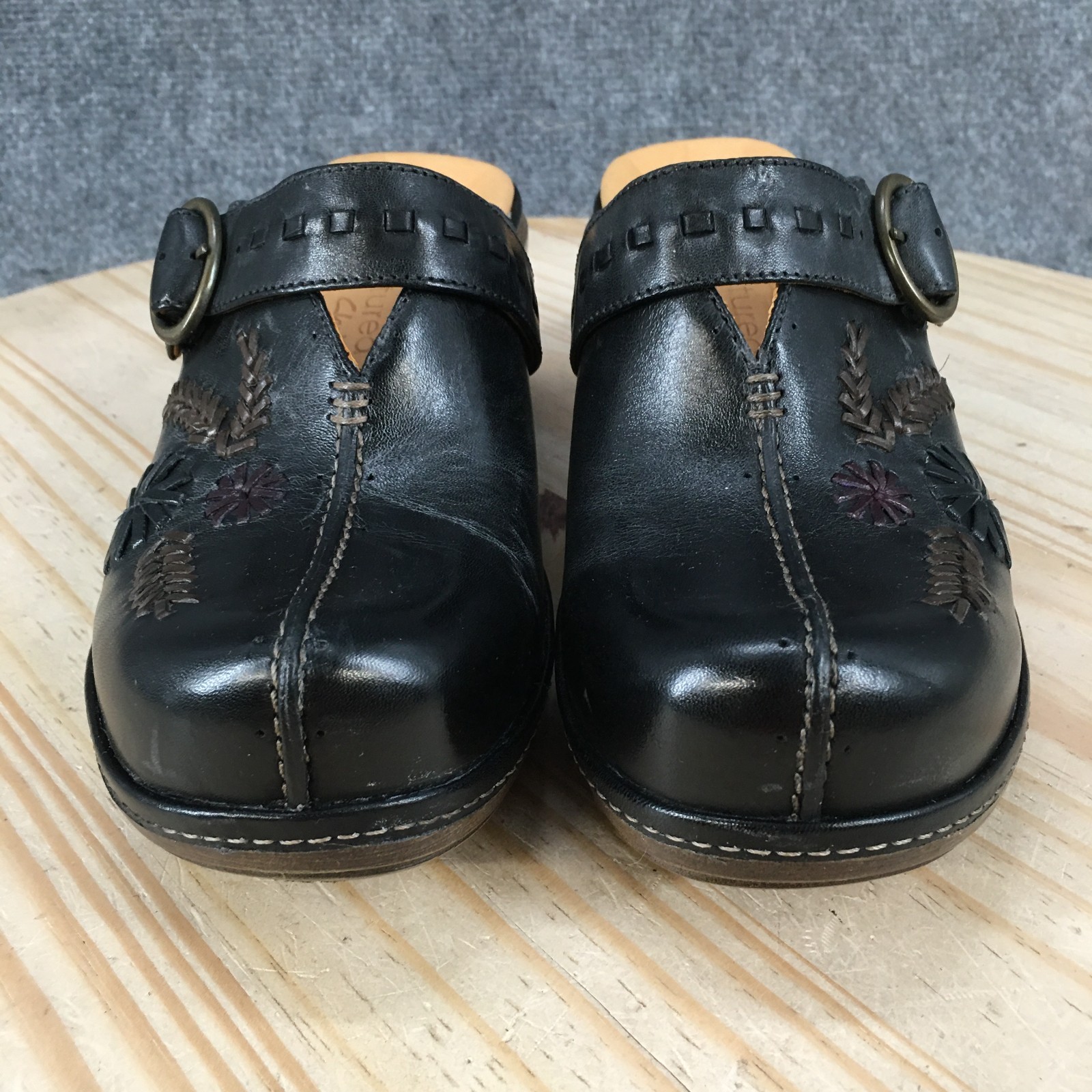 Clarks Unstructured Shoes Womens 7 M Slip On Wedge Mule Clogs Black Leather NEW