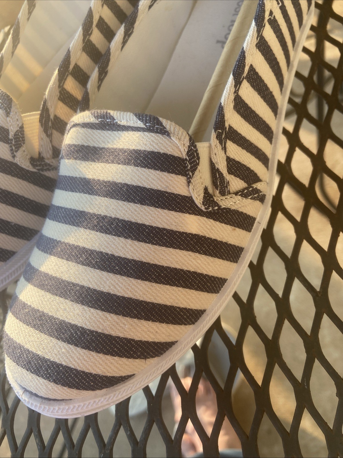 West Loop Navy White Canvas Stripe Small 5/6 Women’s Slip On Memory Foam Shoes