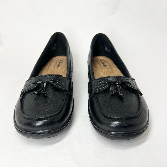 Clarks Women’s Cora Haley Mixed-Texture Tie-Top Loafers Black Leather Size 7.5M