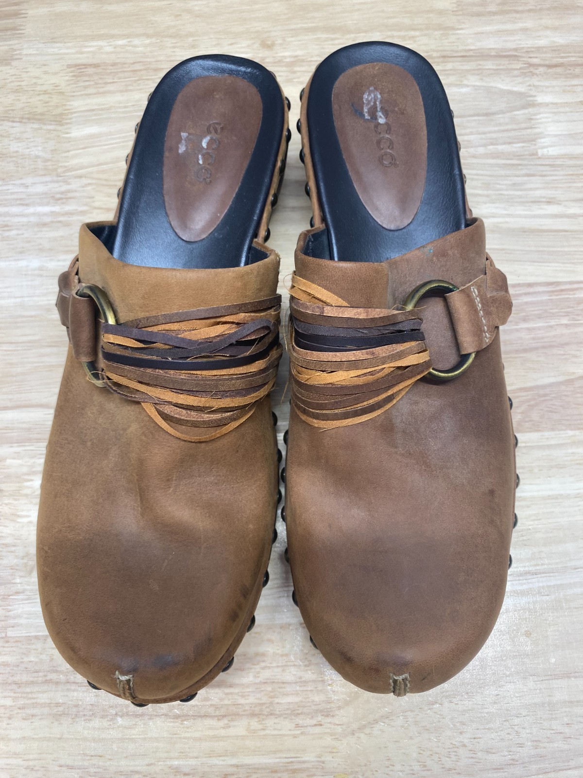 Ecco Leather Studded Slip On Size 9.5 EU 40 Mules Clogs Chunky Strap Boho Brown