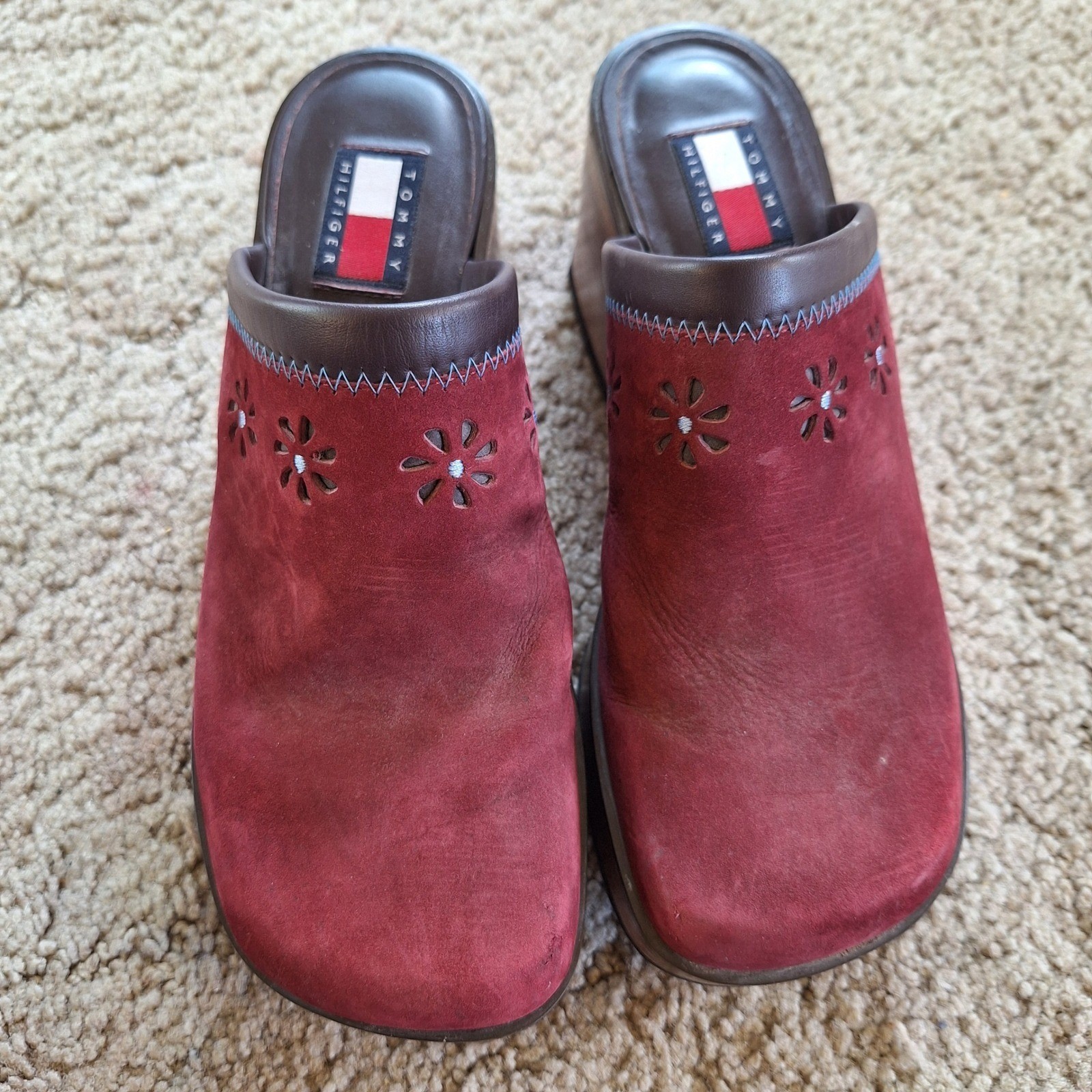 Tommy Hilfiger Vintage Y2K Wooden Suede Flower Cutout Mules Clogs READ No Size